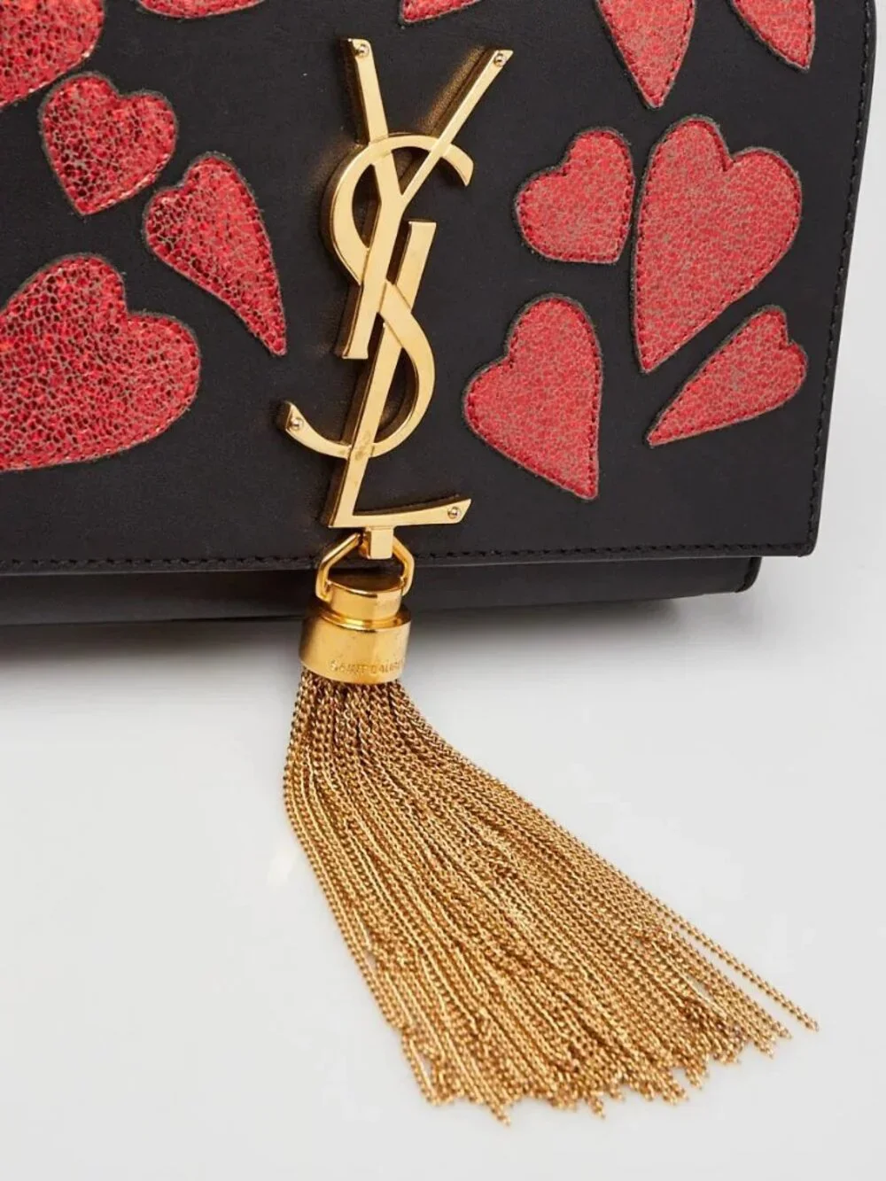 Yves Saint Laurent Black Leather Small Kate Tassel Glitter Heart Bag